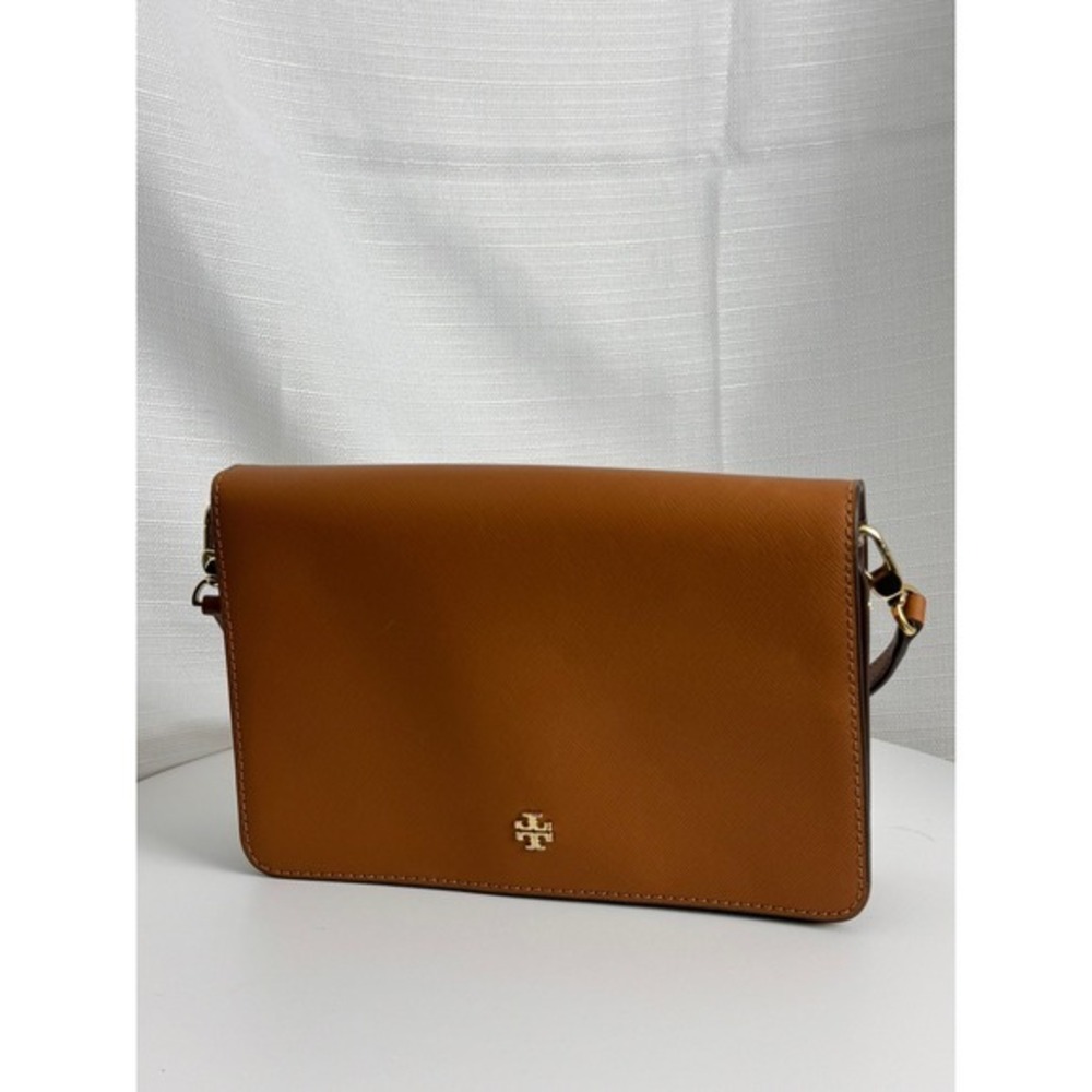 Tory Burch Brown Saffiano Leather Flap Crossbody Bag Gold Logo Adjustable Strap